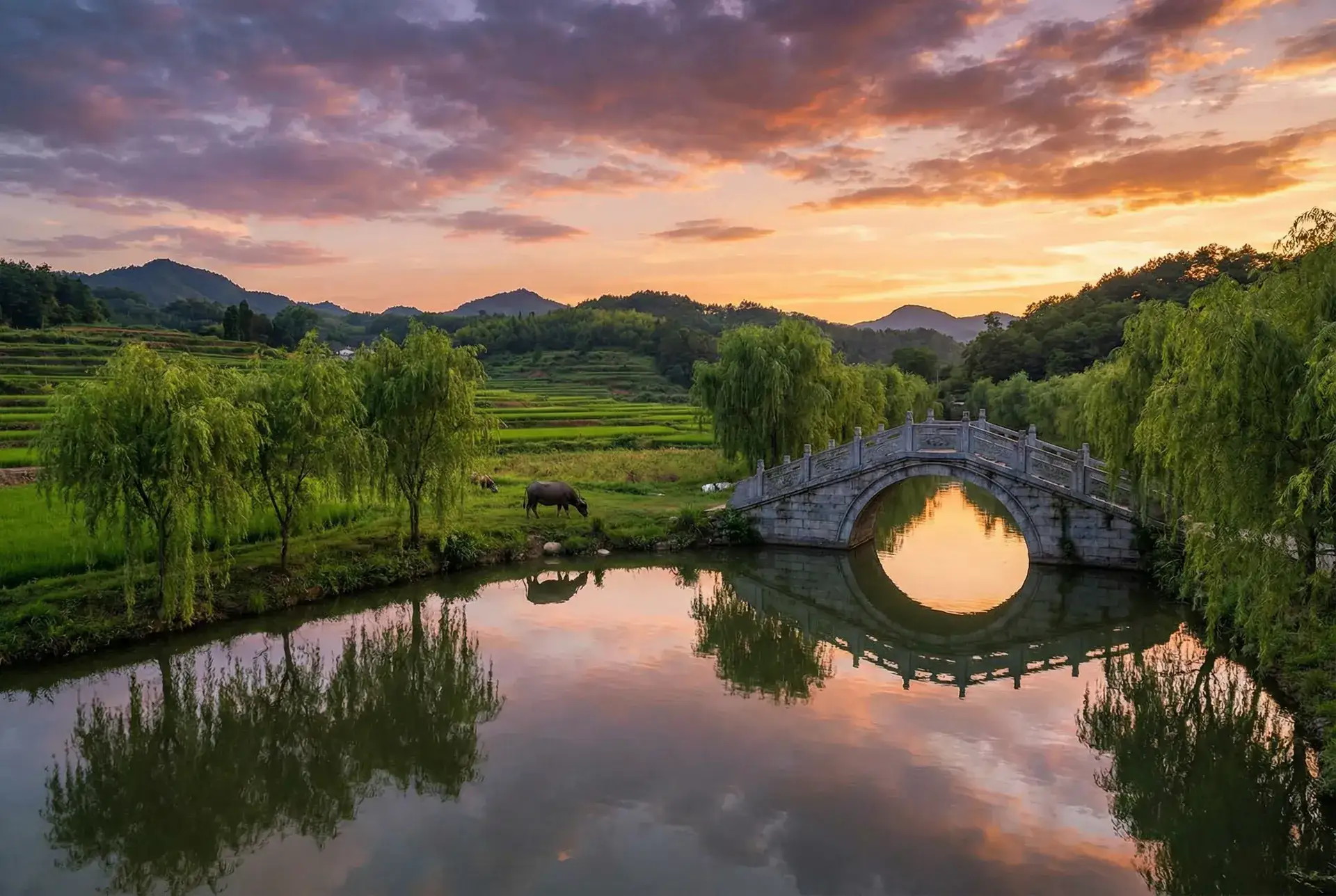 夕阳下的石拱桥与垂柳，水牛在河边吃草 - av線上看 乡村美景